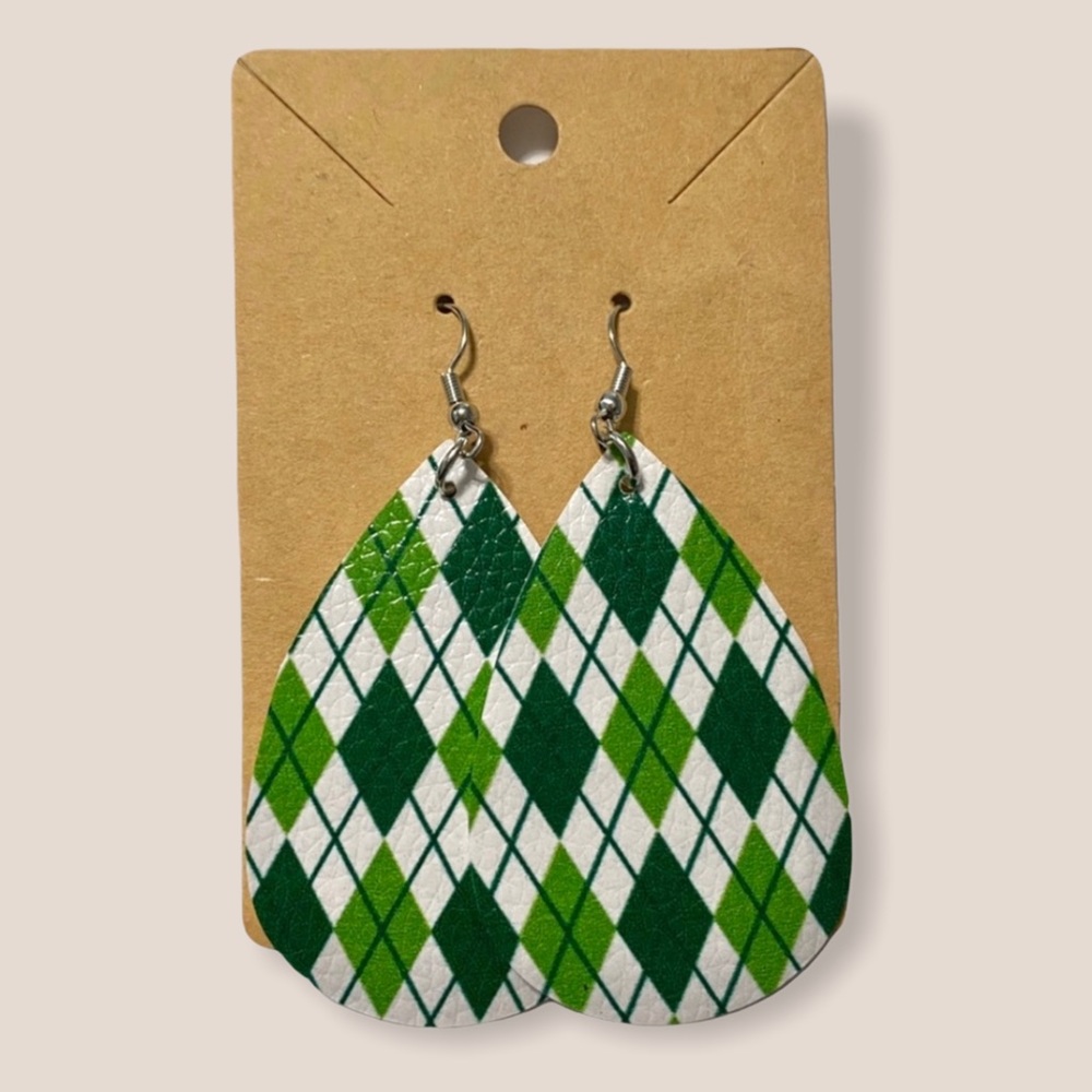 Green Argyle Pattern Preppy Teardrop Earrings